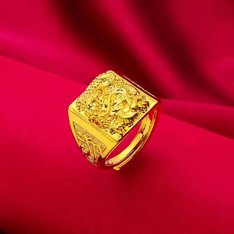 Yellow Men'S Fashion - ทอง 24K, แหวนมังกรทองแท้ของผู้ชาย AU99, ปากเปิดหนา, ผู้ชายทันสมัยและสง่างาม