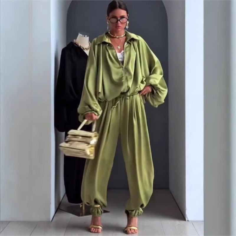 Men'S Fashion Outfits 2026 - ชุดเซ็ตสองชิ้นแขนยาวสำหรับผู้หญิง ฤดูใบไม้ผลิ/ฤดูใบไม้ร่วง แฟชั่นปี 2026 เสื้อสีพื้นทรงหลวมและกางเกงขายาวทรงกว้าง สไตล์ลำลอง