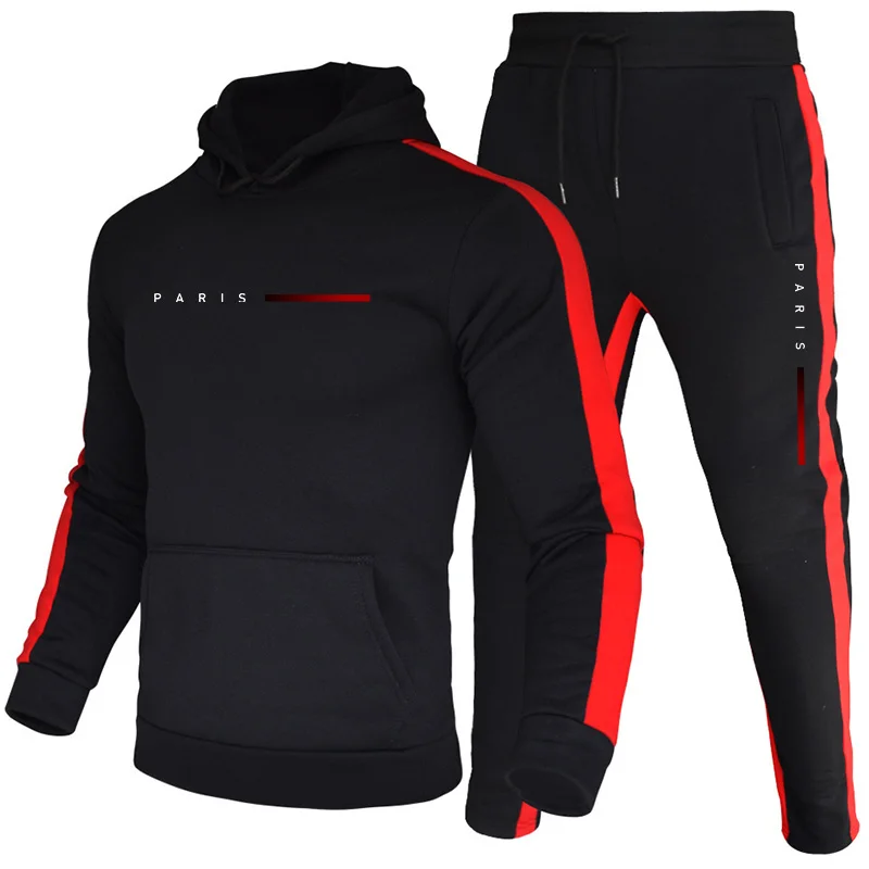 Men'S Fashion Color - ชุดฮู้ดดี้แฟชั่นผู้ชายสไตล์ปารีส ชุดลำลองสำหรับใส่เล่นกีฬา เสื้อฮู้ดและกางเกงจ็อกเกอร์ แฟชั่นผู้ชาย สีพื้น ชุดวอร์ม