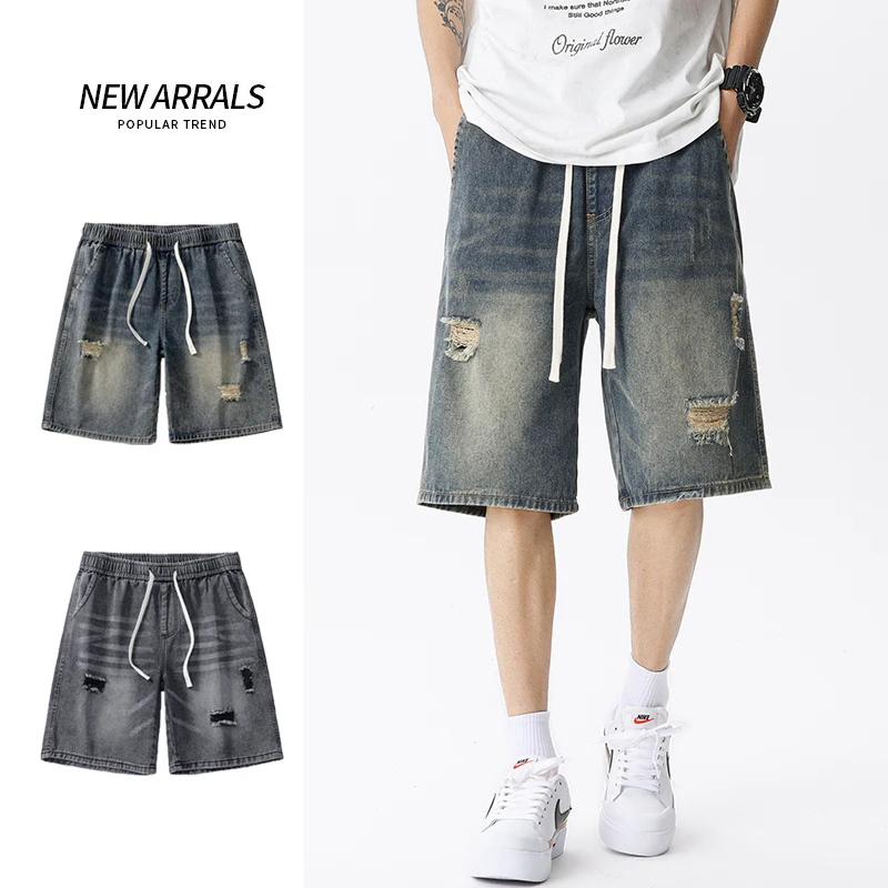 Men'S Fashion Loose Pants - เสื้อผ้าแนวสตรีทเรโทรของผู้ชาย celana pendek DENIM บางฤดูร้อนกางเกงยีนส์ชายขาสั้นยืดตรงหลวมสีฟ้าสีเทา