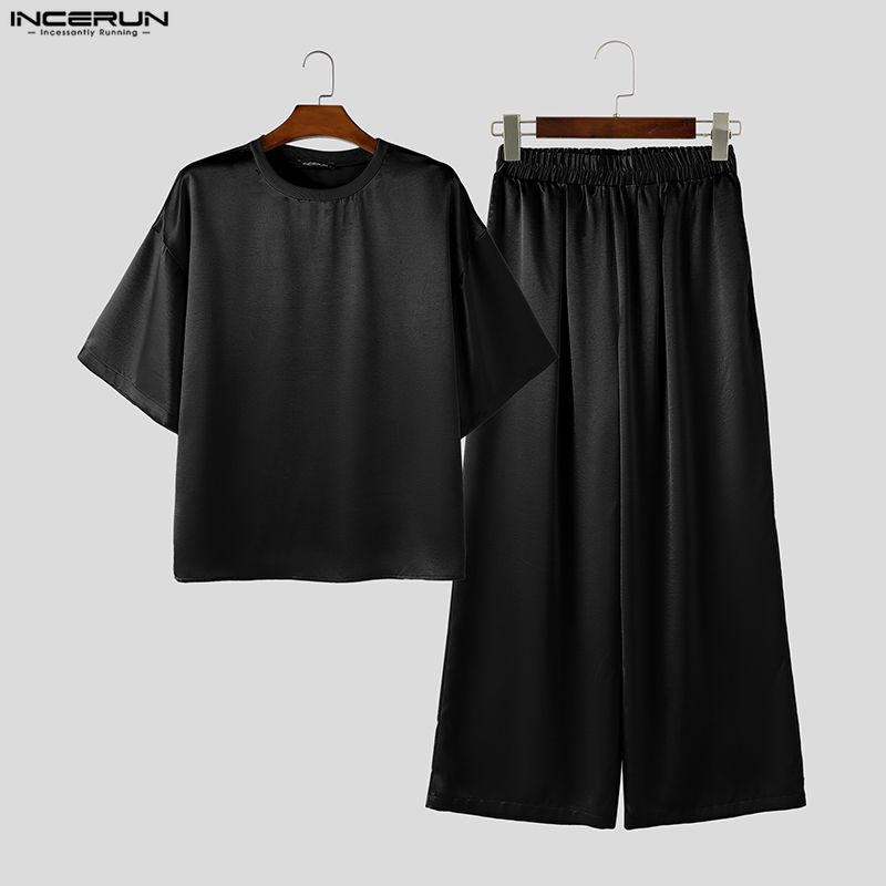 Men'S Fashion Loose Pants - ชุดเซ็ตผู้ชาย INCERUN เสื้อยืดแขนสั้นทรงหลวมเงางามพร้อมกางเกง ชุดสองชิ้น ชุดวอร์มแฟชั่นสตรีทแวร์สำหรับผู้ชาย