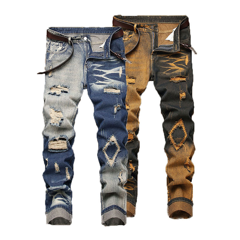 Men'S Fashion For 60 Year Old - ใหม่ Retro กางเกงยีนส์ผู้ชายกางเกงขาตรง Ripped กางเกงยีนส์แฟชั่นสบายๆกางเกงกางเกงกางเกง Street