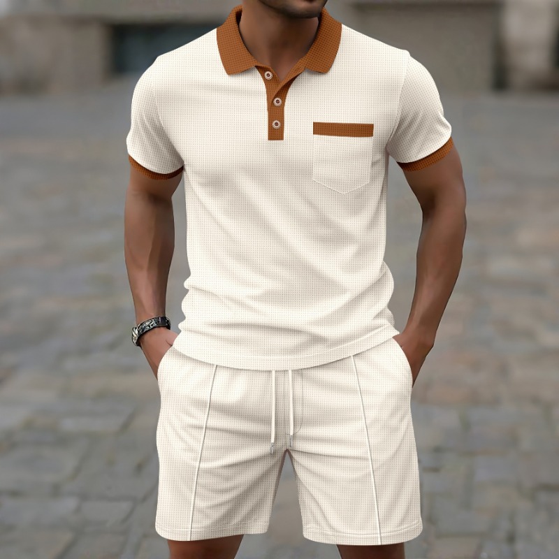 Men'S Fashion Advice - แฟชั่นฤดูร้อนปี 2026 ล่าสุด เสื้อเชิ้ตคอปกตัดสีสไตล์สปอร์ตเทรนดี้ลำลองสำหรับผู้ชาย และกางเกงขาสั้นแบบมีเชือกผูก ชุดลำลองแฟชั่น