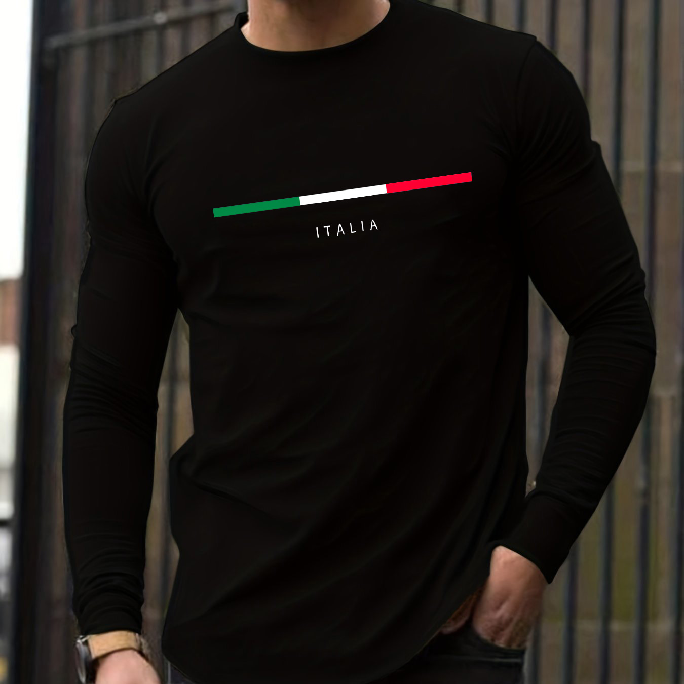 Men'S Fashion T Shirts - เสื้อยืดผู้ชายแขนยาวคอกลมผ้าฝ้ายแท้ 100% ลายพิมพ์ ITALIA สไตล์ลำลองอเนกประสงค์สำหรับฤดูใบไม้ผลิและฤดูใบไม้ร่วง