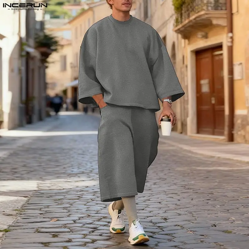 Men'S Fashion Loose Pants - ชุดเซ็ตผู้ชาย INCERUN สีพื้น เสื้อฮู้ดแขน 3/4 ทรงหลวม