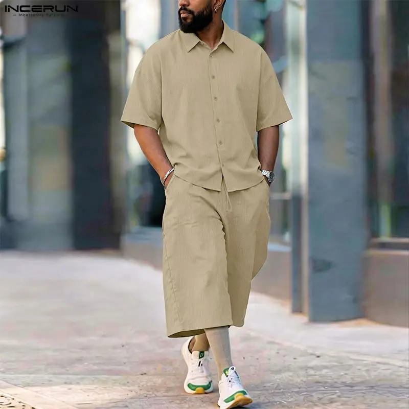 Men'S Fashion Loose Pants - INCERUN ชุดเซ็ตผู้ชาย เสื้อเชิ้ตแขนสั้นปกเรียบ กางเกงขายาว ชุดสองชิ้น สตรีทแวร์