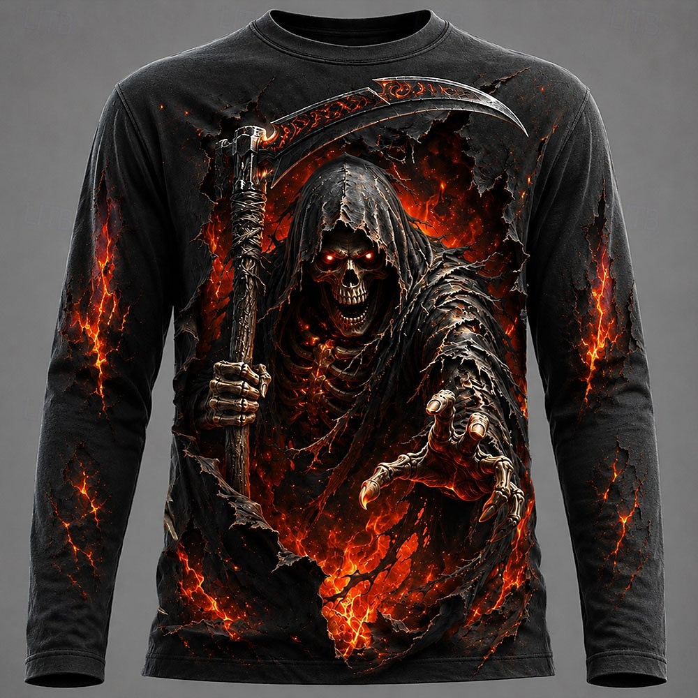 Men'S Fashion T Shirts - เสื้อยืดแขนยาวพิมพ์ลายกราฟิก 3D สำหรับผู้ชาย ลายหัวกะโหลกสไตล์โกธิค เสื้อพูลโอเวอร์สำหรับฤดูใบไม้ร่วง ของขวัญเทศกาลใหม่