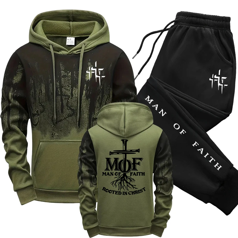 Men'S Fashion Outfits - ชุดวอร์มผู้ชาย Man of Faith เสื้อฮู้ดและกางเกงวอร์ม คอลเลคชั่นฤดูใบไม้ร่วง/ฤดูหนาว