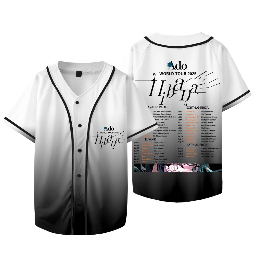Mens Fashion Baseball Jersey - เสื้อแจ็คเก็ตเบสบอลแขนสั้นแฟชั่นลำลองสำหรับผู้หญิงและผู้ชาย Ado Hibana World Tour Merch