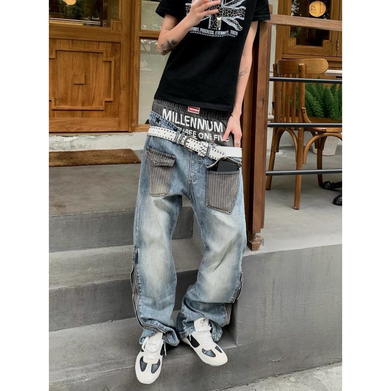 Mens Fashion Young - กางเกงยีนส์ผู้ชายลายปะติดสไตล์ 90s กางเกงลำลองสำหรับวัยรุ่น กางเกงเอวสูงทรงตรง กางเกงขากว้างแฟชั่นสตรีท