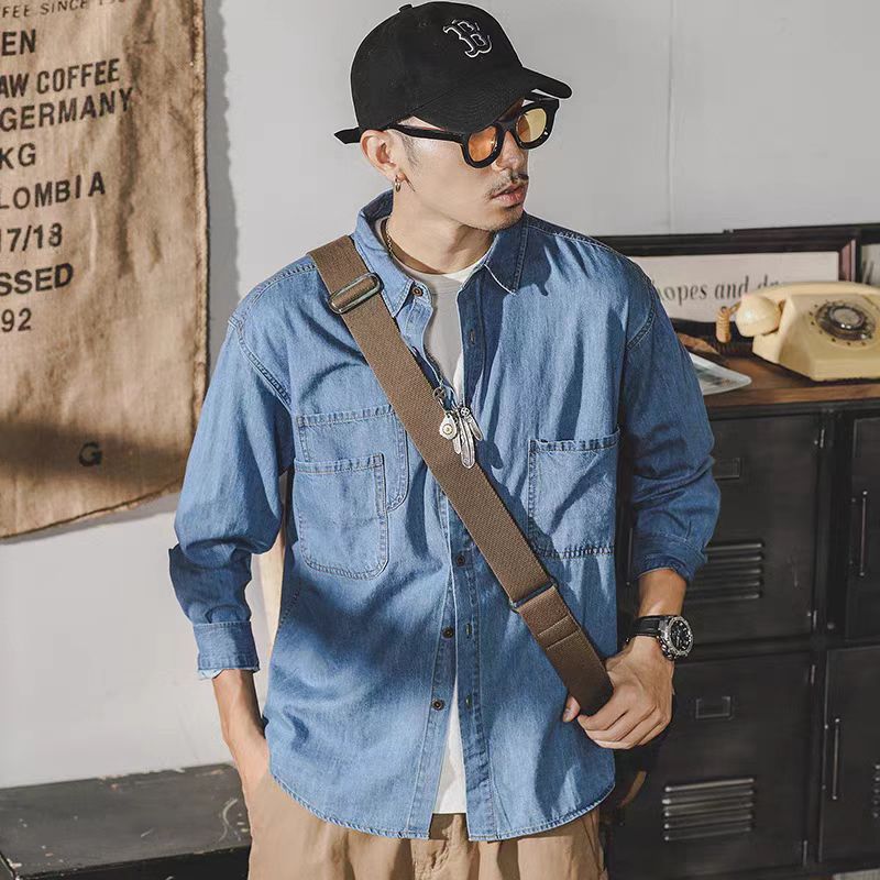 Mens Fashion Denim - เสื้อแจ็คเก็ตยีนส์ผู้ชายสไตล์อเมริกันย้อนยุค แขนยาว ทรงหลวม สไตล์ลำลอง แฟชั่นฤดูใบไม้ผลิและฤดูใบไม้ร่วง