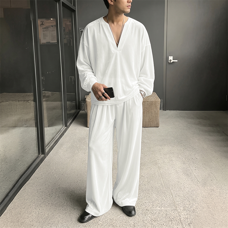 Men'S Fashion Color - ชุดเซ็ตผู้ชาย INCERUN เสื้อยืดคอวีแขนยาวสีพื้น กางเกงขายาว ชุดสองชิ้น สตรีทแวร์
