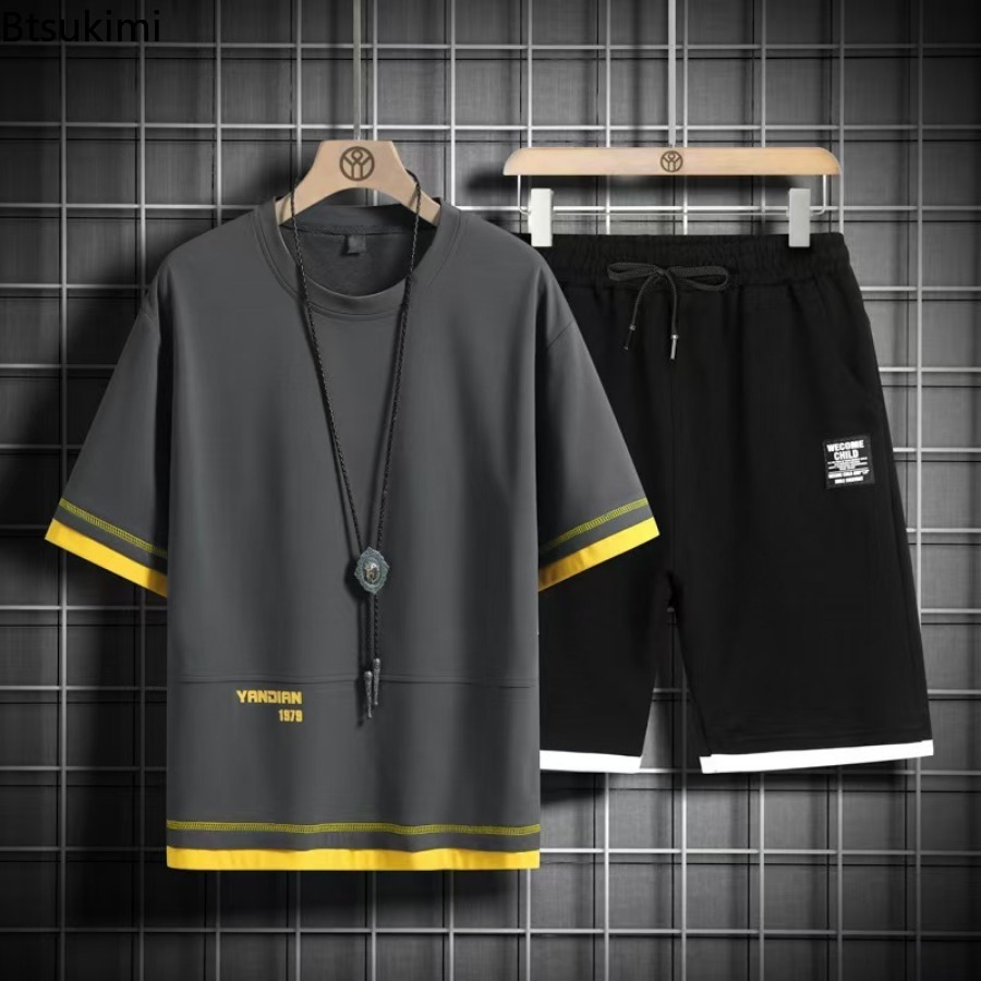 Men'S Fashion Color - ชุดวอร์มฤดูร้อนปี 2026 แฟชั่นผู้ชาย เสื้อยืดแขนสั้น+กางเกงขาสั้น สองชิ้น สไตล์ฮิปฮอป