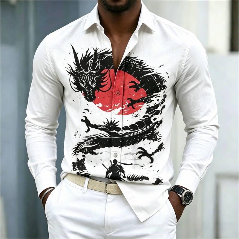 Men'S Fashion Outfits - เสื้อเชิ้ตผู้ชายลายมังกรสีขาวดำแดงตัดกัน รุ่นใหม่ปี 2026 สไตล์สตรีทแฟชั่นลำลองธุรกิจ แขนยาว เสื้อผ้าผู้ชาย