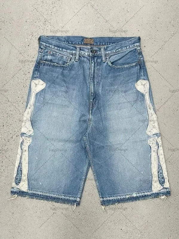 Mens Fashion Denim - กางเกงยีนส์ขาสั้นสไตล์วินเทจ Deeptown Y2k ฮาราจูกุ สำหรับผู้หญิง ลวดลายปักตัวอักษร