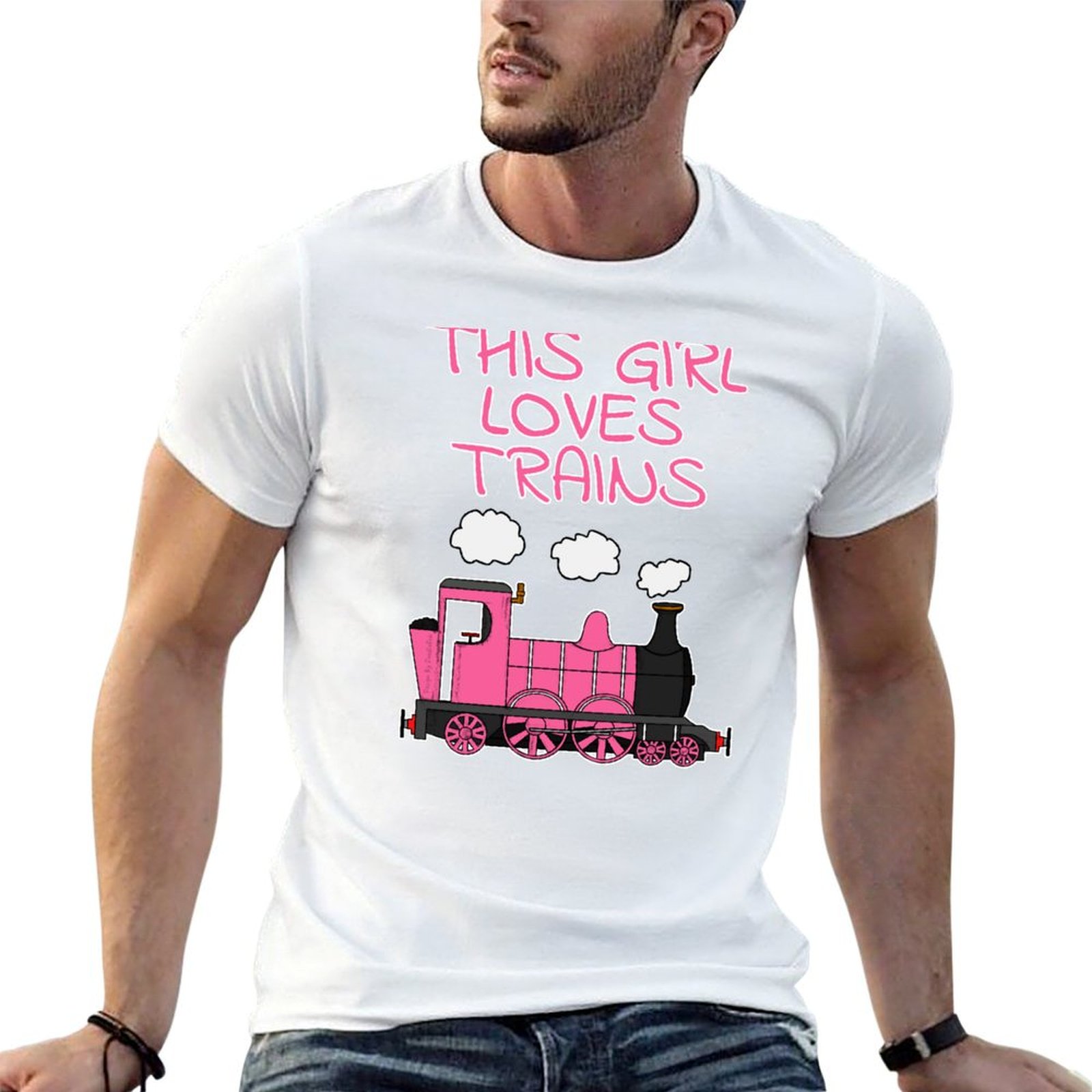 Men'S Fashion Pink Shirt - สาวคนนี้ชอบรถไฟ เสื้อยืดลายรถไฟสีชมพู แฟชั่นพิมพ์ลายลำลองแขนสั้น