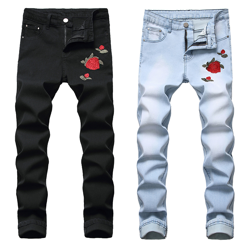 Men'S Fashion For 60 Year Old - กางเกงยีนส์ทรงสลิมฟิตสำหรับผู้ชาย พร้อมลายปักสไตล์แฟชั่นสตรีท แบรนด์คุณภาพสูง สีน้ำเงินและสีดำ