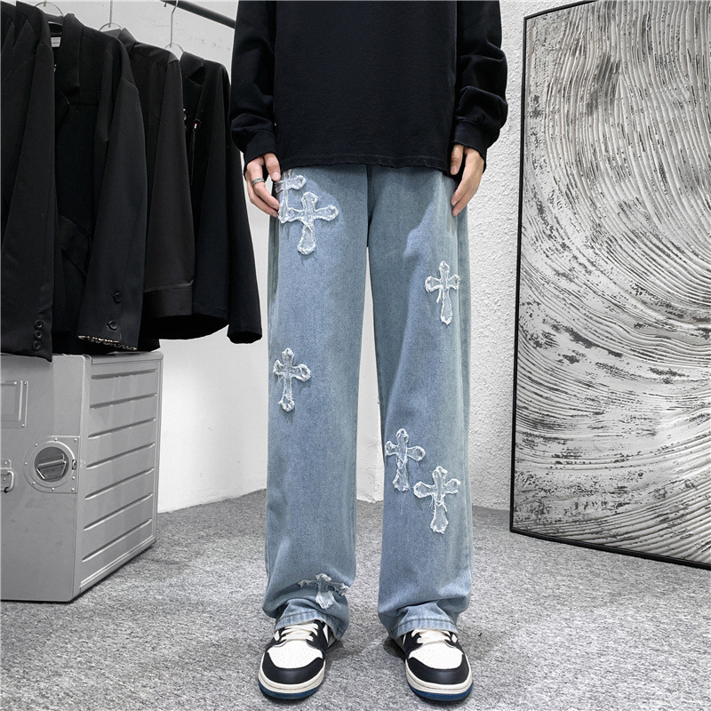 Men'S Fashion For 60 Year Old - กางเกงยีนส์ผู้ชายลายพิมพ์กากบาท ทรงหลวม ขากว้าง สไตล์ฮาราจูกุ สำหรับฤดูใบไม้ร่วงและฤดูหนาว กางเกงเดนิมทรงตรง