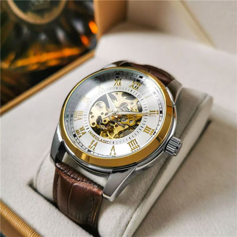 Mens Fashion Young - นาฬิกาจักรกลอัตโนมัติสำหรับผู้ชาย ดีไซน์โครงกระดูก - สายหนัง หน้าปัดเลขโรมัน ระบบอัตโนมัติ