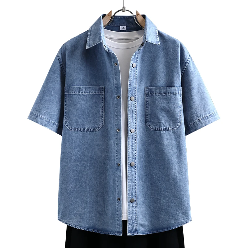Mens Fashion Denim - เสื้อเชิ้ตยีนส์บางสำหรับผู้ชายแฟชั่นฤดูร้อนใหม่ผ้าฝ้ายผสมระบายอากาศได้เสื้อเชิ้ตแขนสั้นลำลองสีทึบสำหรับเดินทางประจำวันสตรีทแวร์