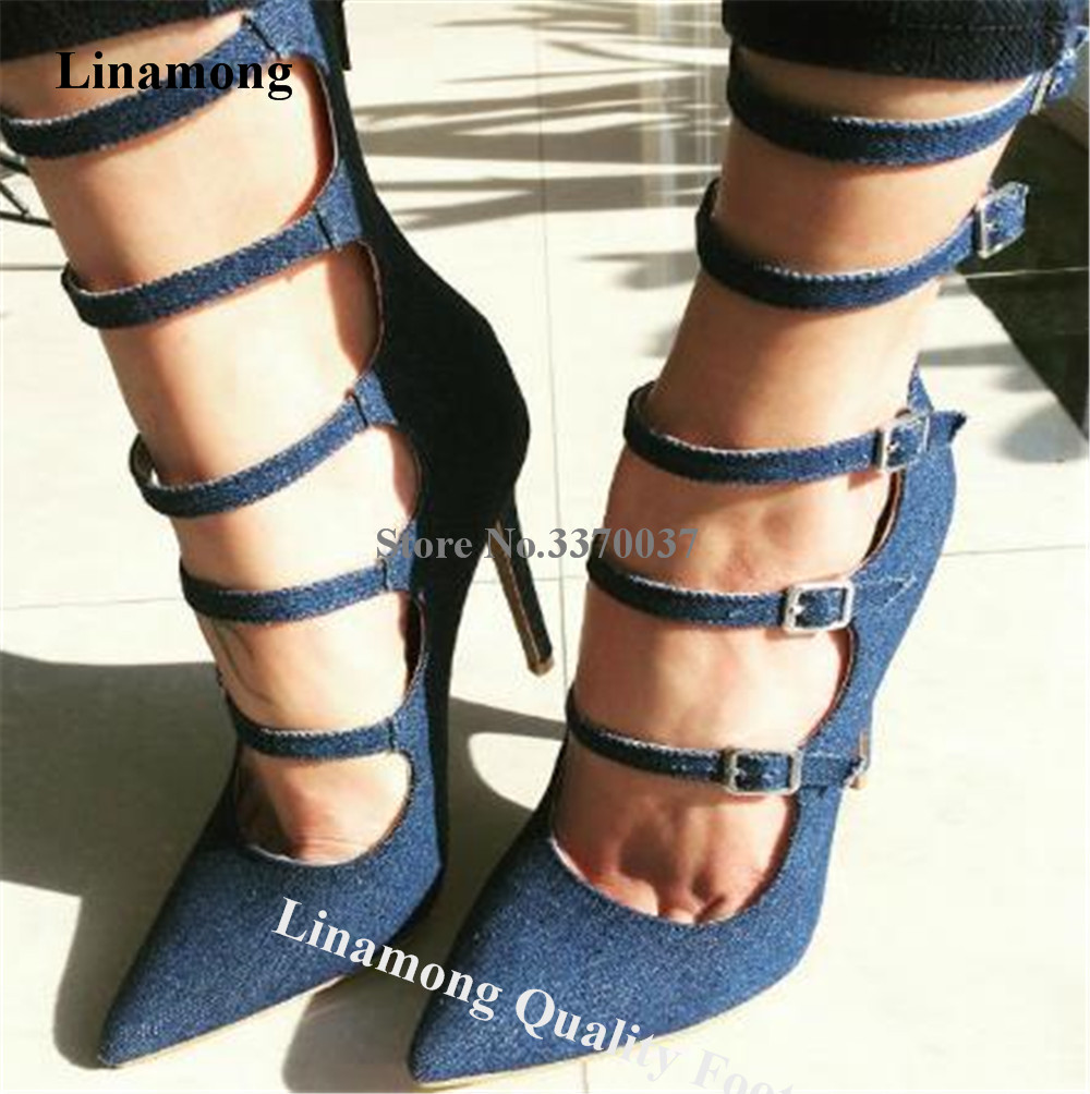 Mens Fashion Denim - รองเท้าส้นเข็มทรงปั๊มสปริงรุ่นใหม่ล่าสุดจาก Linamong ดีไซน์เซ็กซี่ หัวแหลม สีน้ำเงินเดนิม สีนู้ด