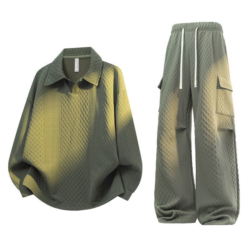 Men'S Fashion Loose Pants - ชุดเสื้อโปโลลายตารางแจ็คการ์ดแบบยูนิเซ็กส์ พร้อมกางเกงคาร์โก้ขากว้างทรงหลวม ชุดลำลองแฟชั่น 2 ชิ้น