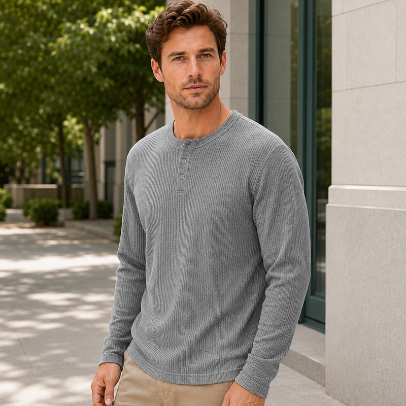 Men'S Fashion Color - เสื้อเชิ้ตแขนยาวสไตล์เรียบง่ายสำหรับผู้ชาย เสื้อเฮนลีย์ลำลองอเนกประสงค์ ใส่สบาย เสื้อแขนยาวถักสีพื้นสำหรับใช้งานประจำวัน