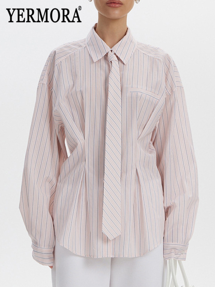 Men'S Fashion Pink Shirt - YERMORA เสื้อเชิ้ตลายทางสีชมพูแบบลำลองสำหรับผู้หญิง ปกเสื้อแขนยาวหลวมๆ เสื้อมีว์แฟชั่น ทันสมัย ฤดูใบไม้ผลิ
