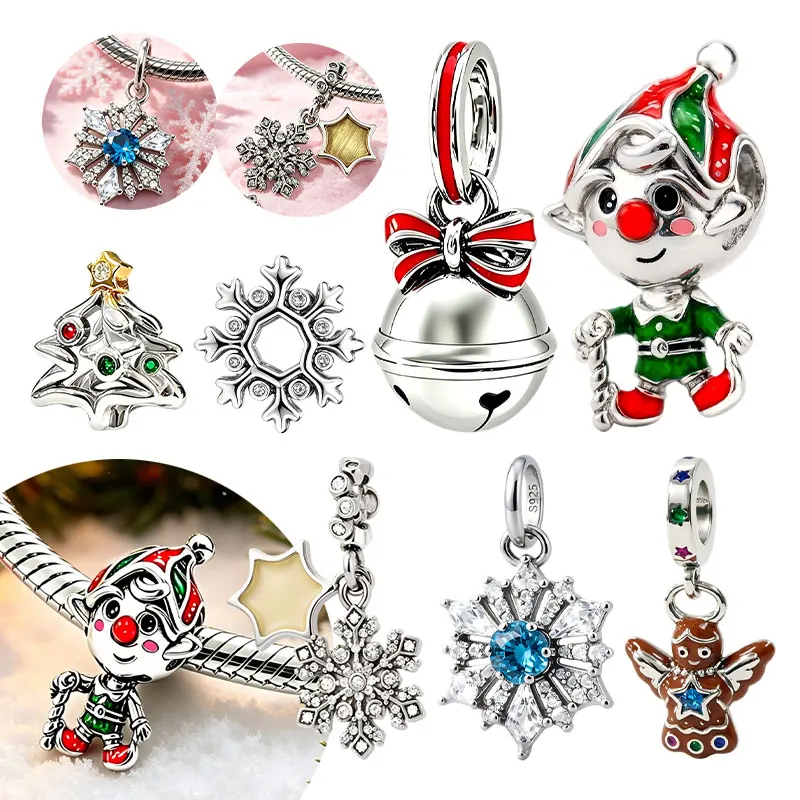 Mens Xmas Fashion - ชาร์มคริสต์มาสเงินแท้ S925 รูปเกล็ดหิมะ ต้นคริสต์มาส มนุษย์ขนมปังขิง ประดับเพชรซิคอน