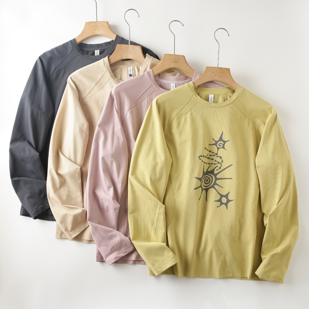 Men'S Fashion T Shirts - เสื้อยืดแขนยาวยืดหยุ่นสูงระบายอากาศได้ดีสำหรับทุกเพศ – ป้องกันแบคทีเรีย ดูดซับความชื้น และแห้งเร็ว พร้อมลายพิมพ์แบบวาฟเฟิลสำหรับกิจกรรมกลางแจ้ง