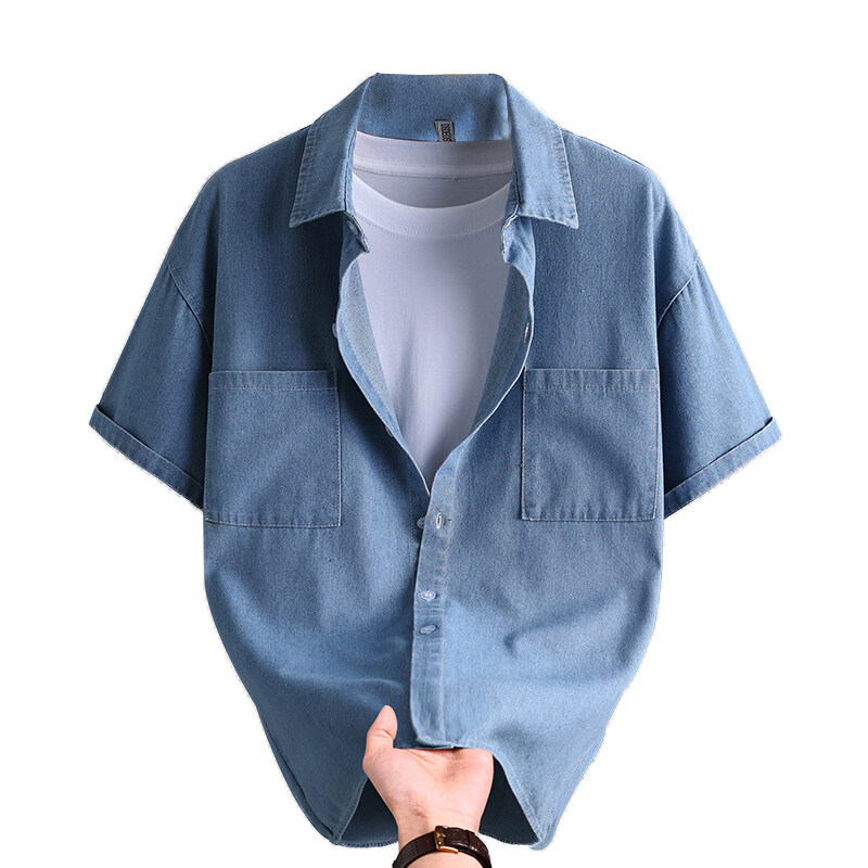 Mens Fashion Denim - เสื้อเชิ้ตยีนส์ผู้ชายแฟชั่นฤดูร้อนสีทึบผ้าฝ้ายผสมระบายอากาศได้เสื้อเชิ้ตแขนสั้นลำลองสำหรับเดินทางสตรีทแวร์ เออร์เบินแวร์
