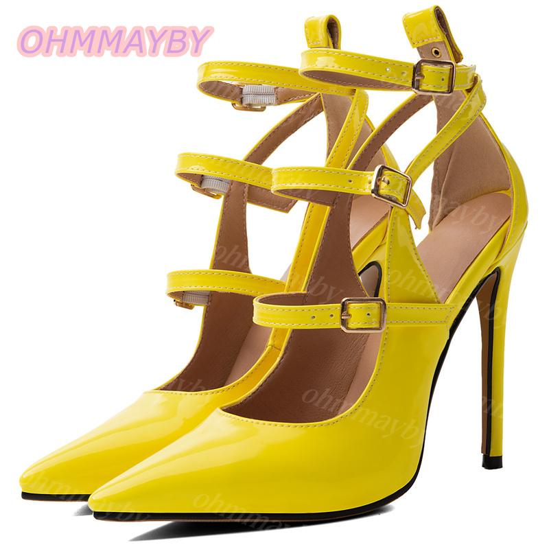 Yellow Men'S Fashion - รองเท้าส้นสูงสตรีแบบส้นเข็ม หัวแหลม หนังแก้วสีเหลือง พร้อมสายรัดข้อเท้าหลายสาย เหมาะสำหรับงานเลี้ยงและชุดราตรี