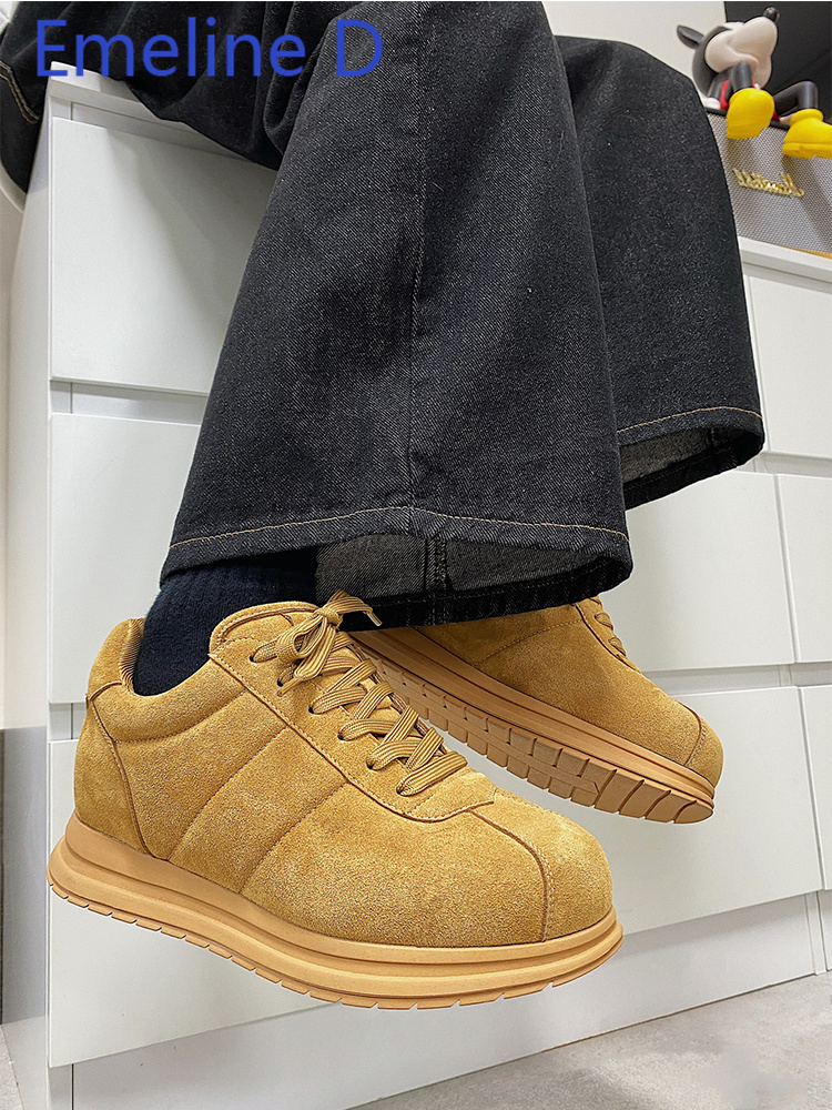 Yellow Men'S Fashion - รองเท้าผ้าใบพื้นหนาสีเหลืองแบบผูกเชือก ทรงหัวมน เพิ่มความสูง น้ำหนักเบา ดีไซน์เก๋ ใส่ได้หลายโอกาส