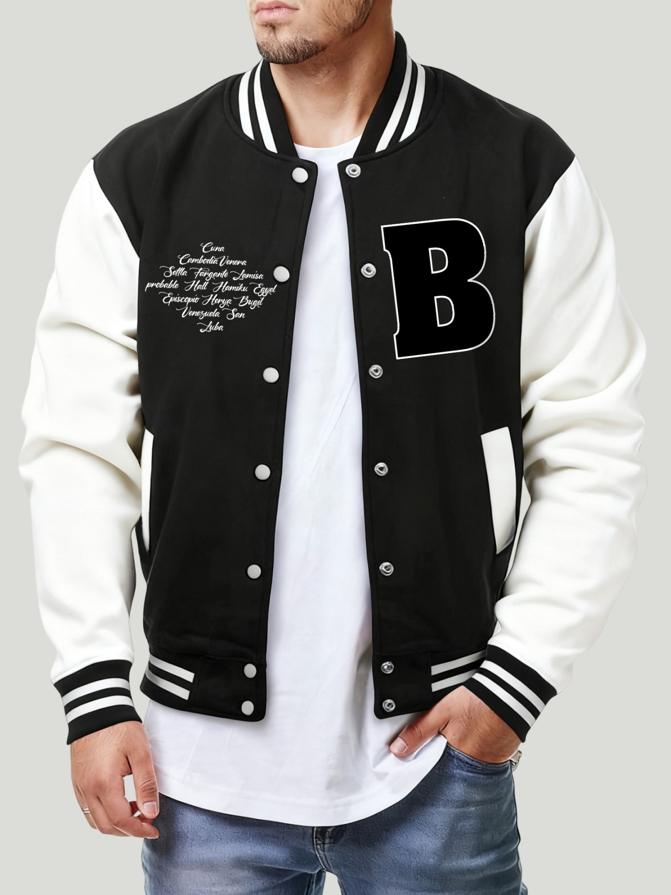 Mens Fashion Baseball Jersey - เสื้อแจ็คเก็ตผู้ชายพิมพ์ลายตัวอักษร B หลายแบบ แฟชั่นทรงหลวม สไตล์เบสบอล เนื้อผ้านุ่ม