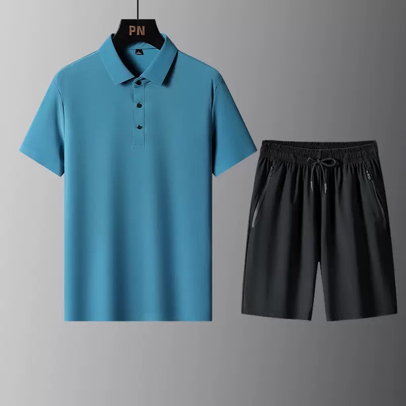 Men'S Fashion Color - แฟชั่นฤดูร้อนสีทึบสบายระบายอากาศได้ดีเสื้อโปโลแขนสั้นชุดลำลองผู้ชายหลวมๆชุดสองชิ้นขนาดพลัสไซส์