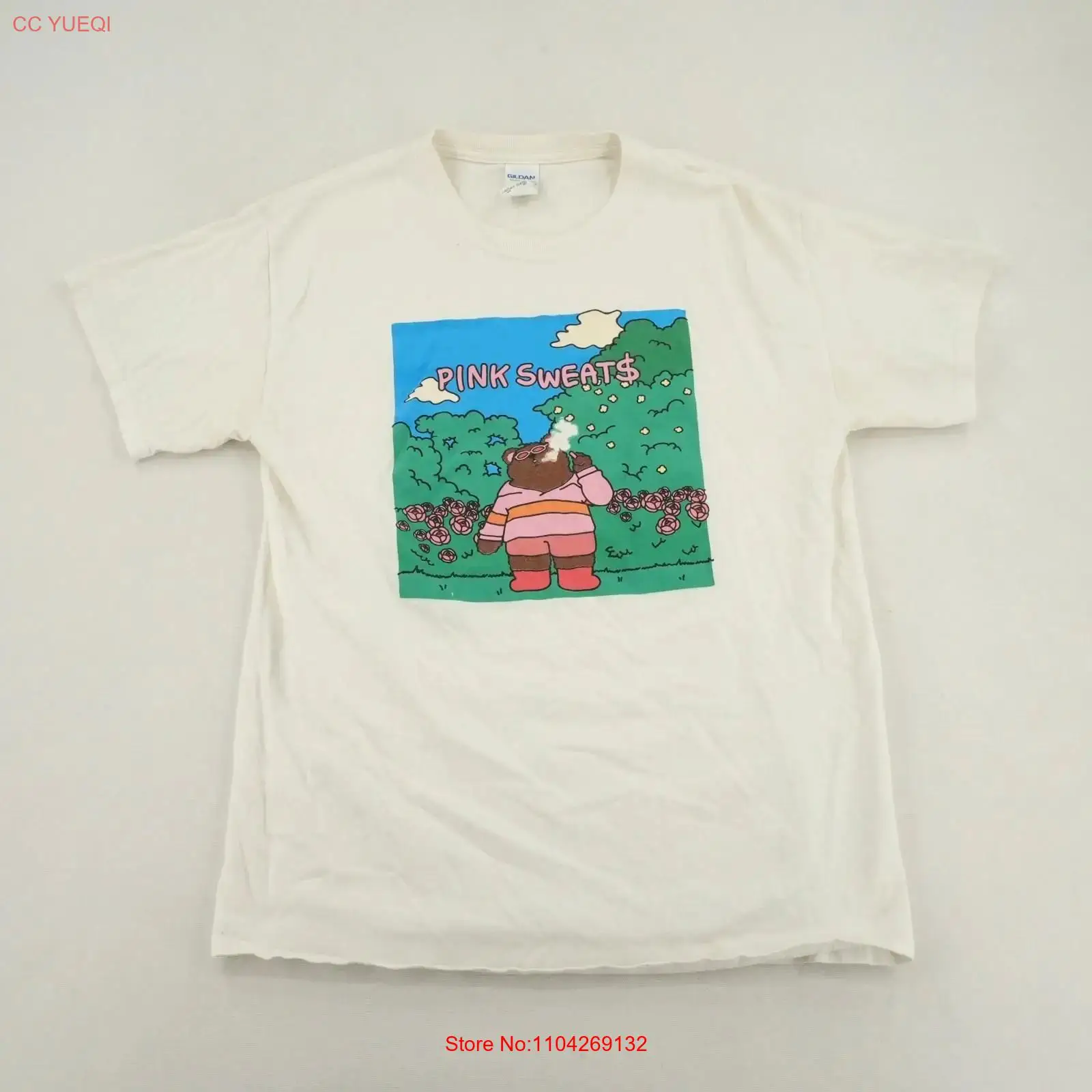Men'S Fashion Pink Shirt - เสื้อยืดลายหมีสีชมพู แขนสั้น สีขาว ไซส์ M สไตล์วินเทจ