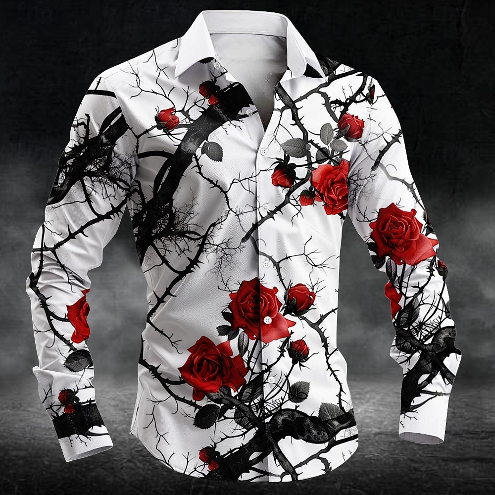 Men'S Fashion Outfits - เสื้อเชิ้ตลายดอกพลัมแฟชั่น พิมพ์ลาย 3 มิติ แขนยาวสำหรับผู้ชาย เสื้อเชิ้ตศิลปะ
