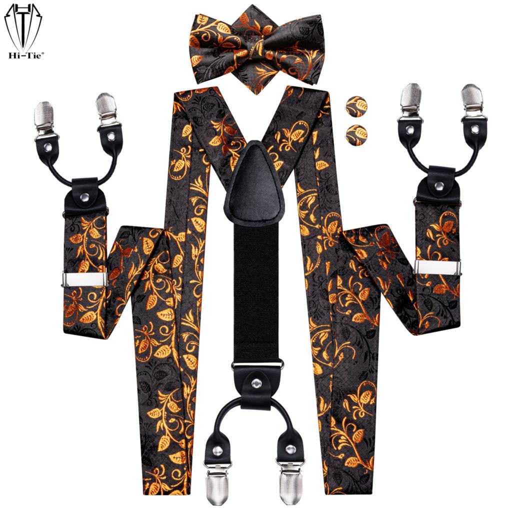 Suspenders Clip Men - ชุดเซ็ตสายเอี๊ยมผ้าแจ็คการ์ดสีดำทองลายเถาวัลย์ พร้อมโบว์ไท ผ้าเช็ดหน้า และกระดุมข้อมือ สำหรับผู้ชาย ปรับได้