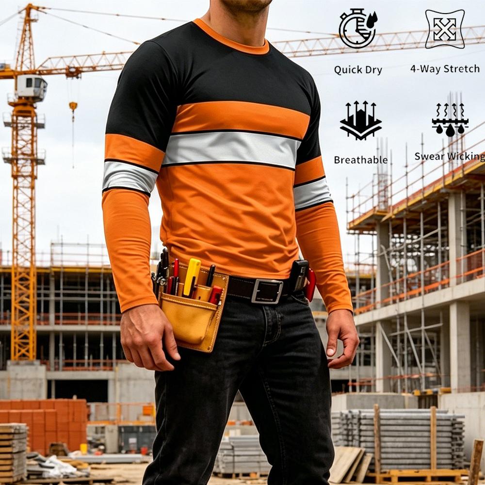 Men'S Fashion T Shirts - เสื้อยืดแขนยาวลายทางสีสันสดใสคุณภาพสูงสำหรับฤดูใบไม้ร่วง เสื้อทำงานผู้ชาย ระบายอากาศได้ดี คอทรงโอ ใส่สบาย เหมาะสำหรับงานด้านความปลอดภัย
