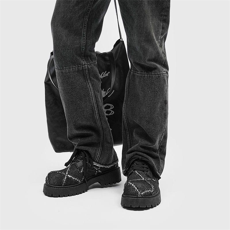 Mens Fashion Denim - รองเท้าเดอร์บี้ผู้ชายสไตล์ลำลองสำหรับฤดูใบไม้ร่วง พื้นหนา แต่งเชือกผูก ผ้าเดนิม หนังแท้ แฟชั่นทันสมัย