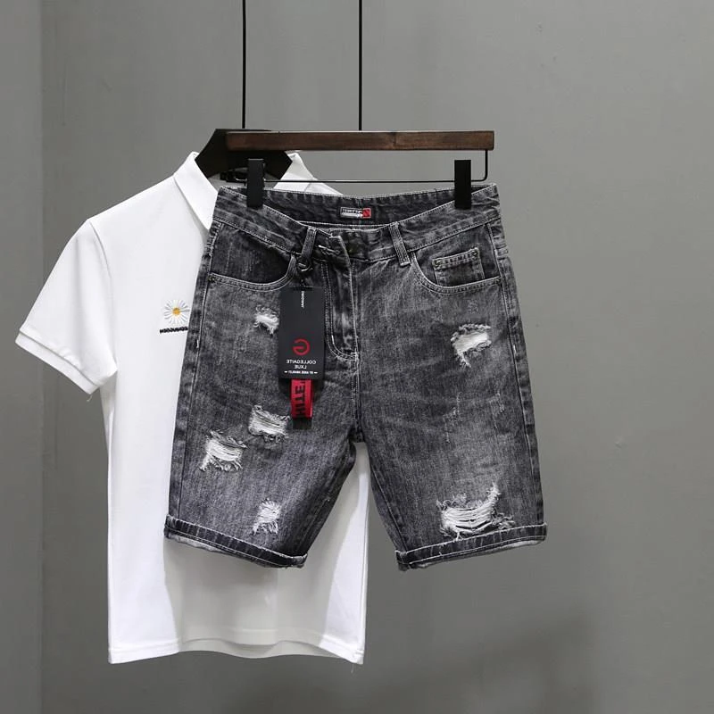 กางเกงยีนส์ขาสั้นผู้ชายสีดำเทา - Mens Fashion Denim บทวิจารณ์และราคา
